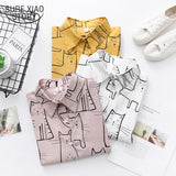 2023 Vintage Fashion Women Long Sleeve Shirts Cute Cat Print Shirt Female Loose Casual Blosues Girl Ladies Tops 6828