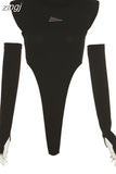 Women Black Bodysuits Fashion Streetwear Appliques Hooded Tops With Cuff 2023 New Spring