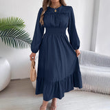 Shooting 2025 Autumn And Winter Pure Color Elegant Wood Ear Waist 100 Folding Long Dress Women's