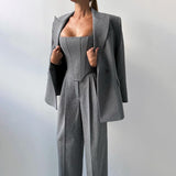 Women's Fashion Solid Color Waist Fish Bone Shoulder Suit Three-Piece Set Of Women Simple Commuting High-Waisted