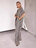 Zingj Summer Women's Fashion Casual Polo Collar Stripe Color Patchwork Short Sleeve Set