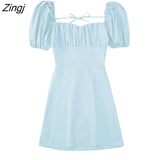 Women French Style Square Collar Pleats Puff Sleeve Black Mini Dress Female Chic Back Lace Up Casual Slim Vestidos