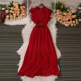 Sense Of Light Luxury Temperament Flying Sleeve Round Recipient Waist Thin A Word 100-Fold Dress Elegant Swing Long