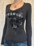 Old Letter Print Knitting V-Neck T-Shirt For Women's New Knitted Long-Sleeved