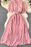 Women Hollow Out Lace Patchwork Pleated Long Dress Elegant Embroidery Short Puff Sleeve Single Breasted Maxi Vestidos