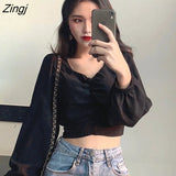 Women Summer Black White Holiday Girls Elegant Long Sleeve V-neck Folds Female Crop Top Street Daily Simple Slim