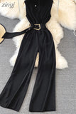 Vintage V-Neck Sleeveless High Waist Jumpsuits Women Elegant Loose Wide Leg Romper With Sashes Female Playsuits New