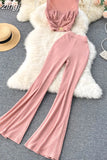 Women Red/Black/White Two Piece Set Elegant Square Collar Short Tops + High Waist Flare Pants Fashion Suits Female