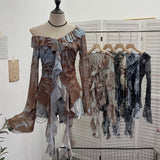 Shooting Retro Shoulder Tie-Dye Net Horn Long-Sleeved T-Shirt Irregular Lotus Leaf Side Ribbon Y2k Top