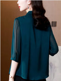 Women Shirts V-Neck Button Three-quarter Sleeve Blouses for Women 2023 Fashion Womens Tops Solid Basic OL Blue Ladies