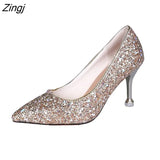Autumn New Fashion Sequins High Heels Korean Version of The Wild Pointed Shallow Mouth Banquet Wedding Shoes plus size