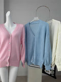 New Soft Horse Hair V-Neck Hollow Open Shirt Femininity Lazy Wind Buckle Lantern Sleeve Sweater