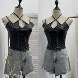 Shooting Locomotive Punk Pu Splicing Fishing Net Hanging Neck Sling Vest Babes Wearing Rope Repair Short Blouse
