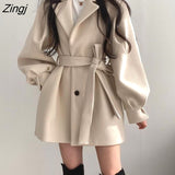 Blends Women Winter Thick Cotton Medium Long Woolen Coats Chic Lantern Sleeve Elegant Sashes Slim Solid OL Stylish