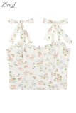 Top Women Sexy Lace Up Camisole Sweet Female Basic Sleeveless Print Vest Square Neck Slim Off Shoulder Crop Top 2023