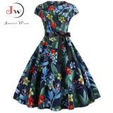Print Summer Dress Women Short Sleeve Vintage Midi Dress Tunic Retro Elegant Swing Rockabilly Party Dresses
