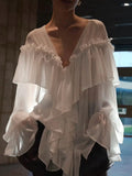 Early Spring New High-End French Design Wood-Side Chiffon Women Loose V-Neck Solid Color Niche
