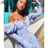 Sexy Off Shoulder Lace Up Women Dress Blue Long Sleeve Strapless Mini Dress Women Autumn Slim Fashion Streetwear