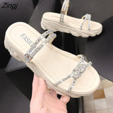 New Fashion Beaded Solid Color Women Sandals Beaded Thick Sole Flat Strap Summer Modern Slippers Student Ladies