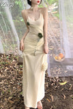 Fashion Backless Summer Sleeveless Midi Dresses Women 2023 Beige Tunics V Neck Floral Patch Slip Spaghetti Strap Maxi