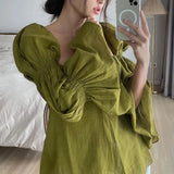 Zingj Autumn New Sweet French Square Collar Pleated Horn Sleeve Design Sense Top Women's