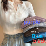 Women Slim Solid Fashion Single-breasted All-match Simple Korean Knitting V-neck Fall Female Chic Vintage