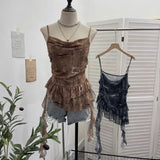 Shoot Spice Girl Swing Network Yarn Print Sling Vest Retivating Lotus Leaf Side Ribbon Short Top