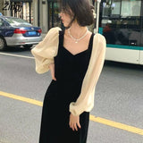 Sleeve Dress Women Chic Elegant Ulzzang Female Casual Patchwork Party Retro Lovely Streetwear Autumn V-neck Mid-calf