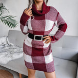 Autumn And Winter Casual Lattice Turtleneck Sweater Dress Knitted Dress Women's