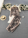 Suit Women's Round Collar Loose Jungle Animal Long-Sleeved Sweater Two Sets Of Broad-Legged Trousers Autumn And Winter