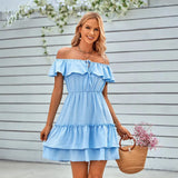 Women's Spring And Summer Casual Off-Shoulder Flounces Solid Color Dress