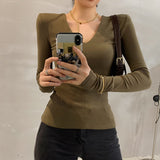 T-shirt Women's Long Sleeves V-neck Tops Autumn 2023 Cushioned Shoulder Tops Slim Bottoms Clothes New Office Lady