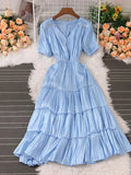 Women Beading Party Dress Vintage V-Neck Short Puff Sleeve High Waist Ruffle Draped Robe Vacation Beach Vestidos 2023