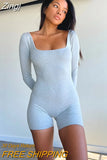 Casual Rib Knitted Playsuit Square Collar Full Sleeve Slim Fit Romper Bodycon Chic Women Sexy Low Cut Backless