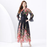 Suit Women's Long-Sleeved Print Chiffon Top High-Waist Long Skirt Two-Set