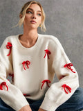 Red Bow Decoration Loose Round Collar Collar Sweater Autumn