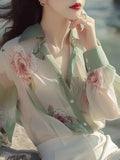 Green Floral Sunscreen Shirt Women 2025 Summer Extraordinary French Super Fairy Long-Sleeved Shirt Original Design
