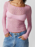 Women Lace Floral T-shirts Crop Tops Long Sleeve Slim Mesh Sheer See Through Tees Shirts Summer Party Streetwear 2025 211-0-Outfit