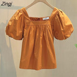 Women Summer Trendy Korean Style New Simple Puff Sleeve Loose Sweet Folds Square Collar Casual Fashion Student Hot