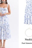Summer Blue Midi Floral Print Holiday Dress Elegant Spaghetti Strap Full Skirt Go Out Party Dresses Women Dress