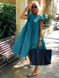 Women's Summer Casual Maxi Boho Dresses Ruffle Sleeve Round Neck Mini Dress Loose Solid Short Beach Dresses