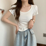 Zingj U Collar Short-Sleeved T-Shirt Women 2023 Summer New Korean Version Slim High Waist Short Style Students Pure Color Jacket