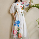 Elegant Dress Women's Summer Court Wind Strap To The Waist Three-Dimensional Flower Lantern Sleeve Print Mesh