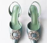 European and American Style Pointed Toe Rhinestone High Heels Niche Design Pumps Summer Women's Mid Heel