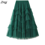 Tulle Purple Green Long Skirts Womens Korean Style Solid High Waist A-Line Tutu Skirt Female Mesh Pleated Maxi