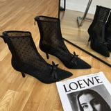 Korean-Style Sexy Pointed Mesh Polka Dot Breathable Hollow Bow Stiletto Ankle Boots for