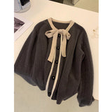 Goods Heavy Industry Korean Version Of Lazy Wind Apricots Bow Round Knitted Sweater Coat Women's Autumn And Winter 2025