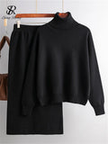 Zingj Women Gentle Knitted Suits Turtleneck Long Sleeve Loose Pullover+Elastic Waist Bodycon Skirt Winter Fashion Solid Sets 211-0-Outfit