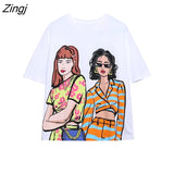 Summer Women Fashion Double Girls Print Knitting Casual T Shirt Female Basic O Neck Short Sleeve Chic White Tops