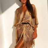 Women's Sunscreen Gold And Silver Ribbon Cuffed Fork Shawl Beach